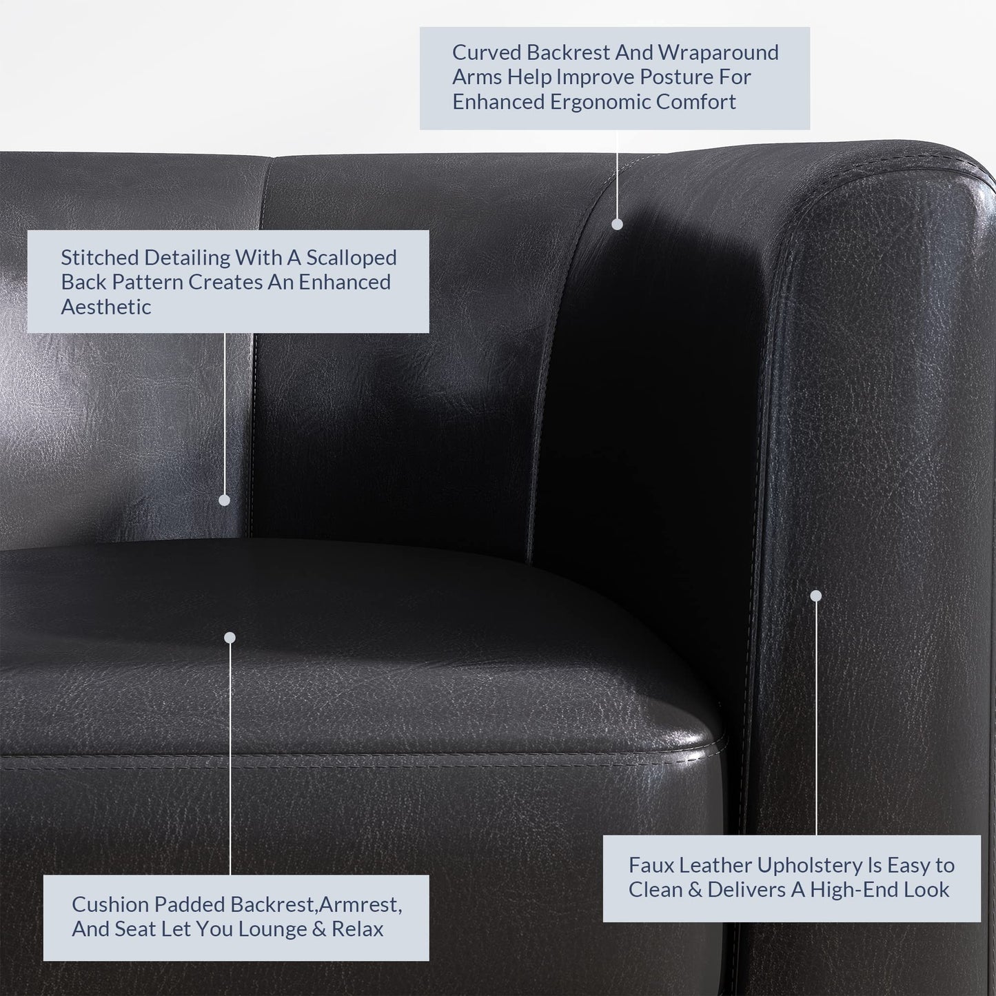 BELLEZE Living Room Chair, Faux Leather Round Accent Barrel Chair, Club Tub Sofa Chair for Bedroom, Corner Chair with Flared Legs and Cozy Soft Padding - Highland (Black)