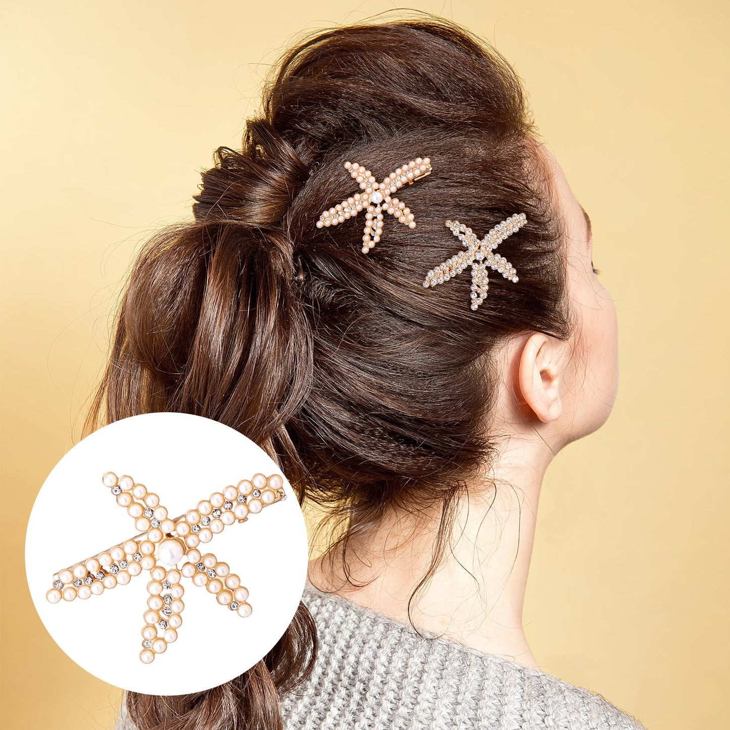 PAGOW 3 PCS Starfish Hair Clips, Gold Pearls Rhinestone Hair Clips, Crystal Sea Star Ponytail Holder, Faux Pearl Crystal Wedding