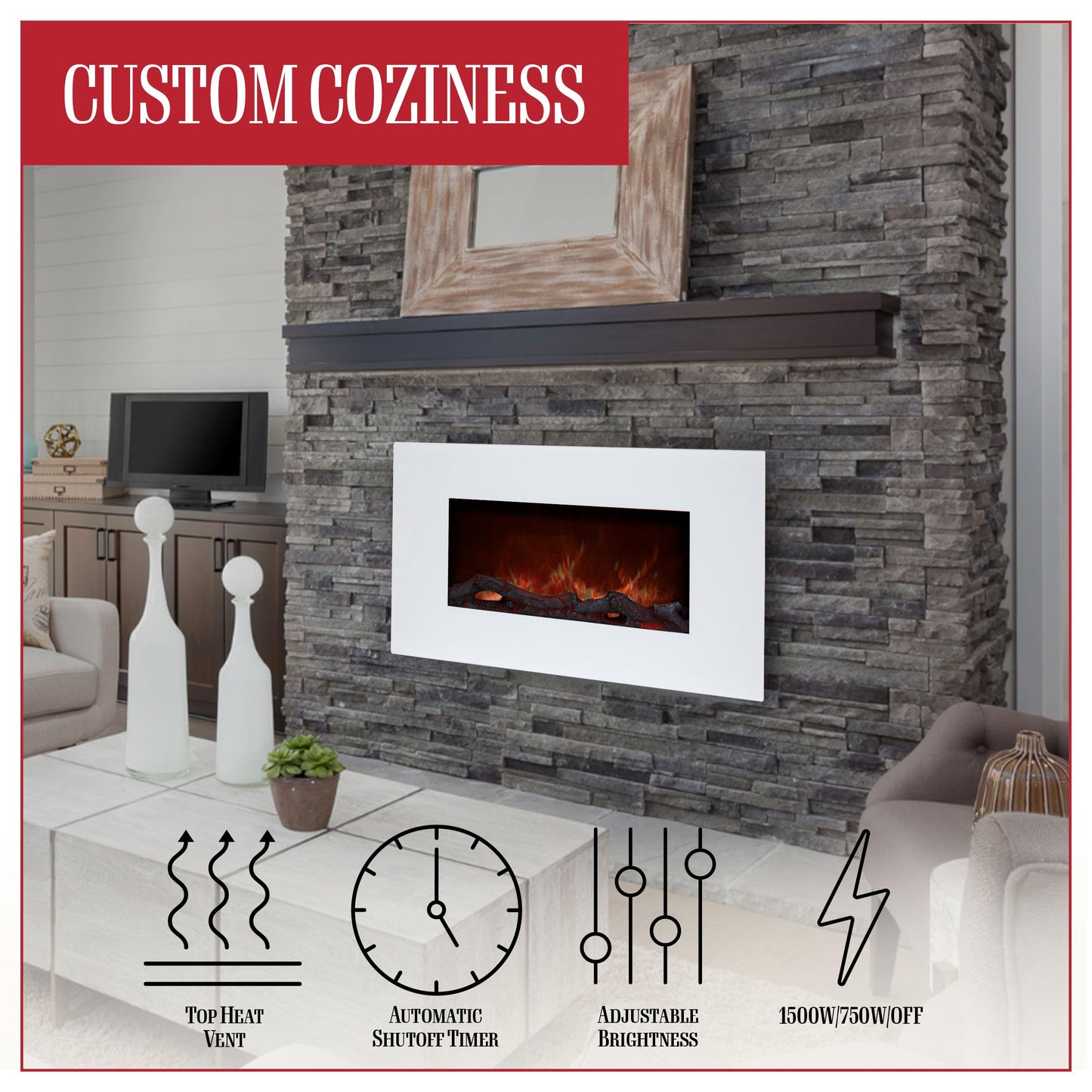 Northwest Wall Mounted Electric Fireplace Heater - 10-Color LED Flame and 3 Media Backgrounds 36-Inch Wall Mounted Fireplace with Adjustable Brightness and Remote (White)