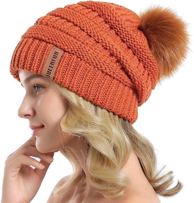 QUEENFUR Women Knit Slouchy Beanie Chunky Baggy Hat with Faux Fur Pompom Winter Soft Warm Ski Cap