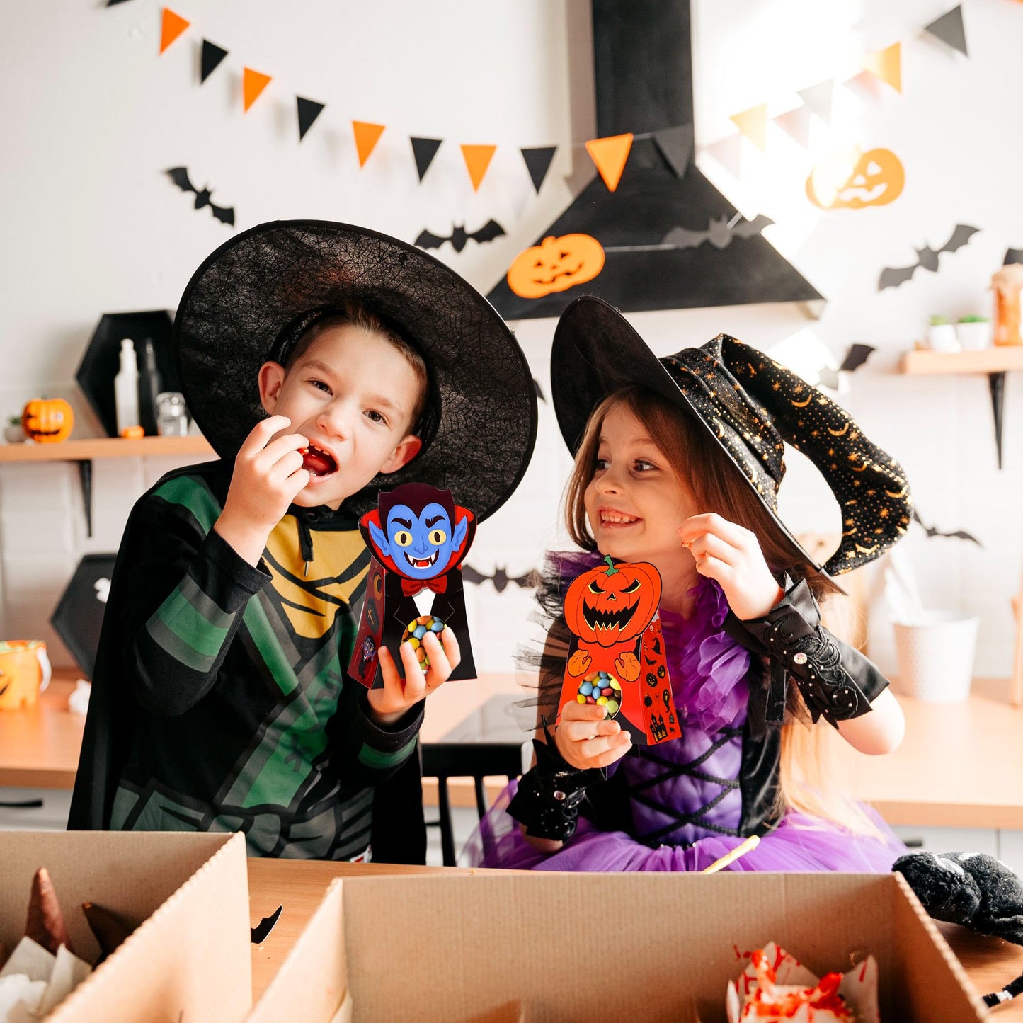 Giiffu 54 PCS Halloween Treat Boxes, Candy Goodie Bags with Window - 9 Designs for Kids Party Favors, Classroom Exchange, Trick or Treat Supplies