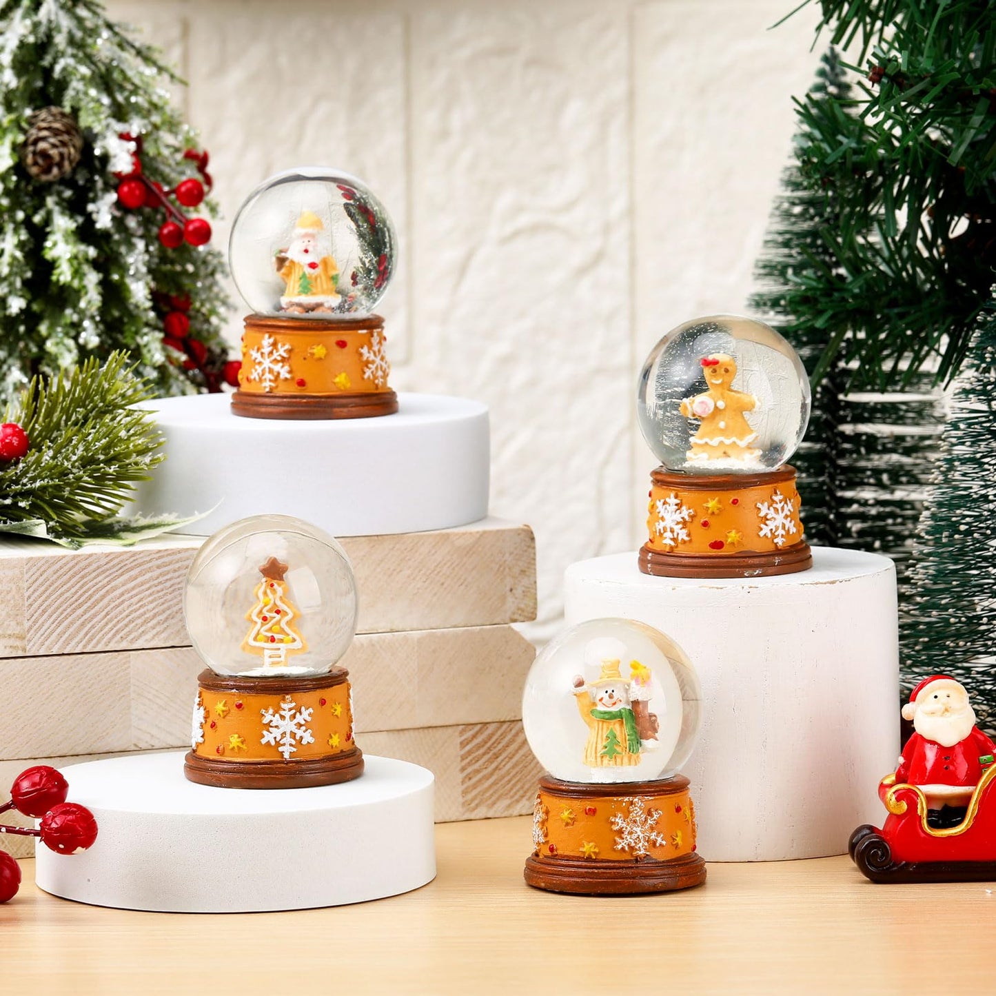 Yerliker 4 Pcs 1.8 Inch Christmas Snow Globe Santa Claus Snow Globe Mini Xmas Water Lightweight Winter Craft for Kids Adults Gift Home Decoration(Gingerbread Man,Yellow)