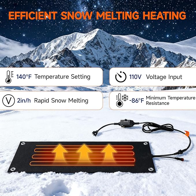 Snow Melting Mats Outdoor 10x30 Inch, Double No-Slip Rubber Heated Driveway Mats for Winter Snow Removal, 2 in/h Ice Melting Mats with Power Cord for Stairs, Walkways, Decks & Sidewalks,1PC