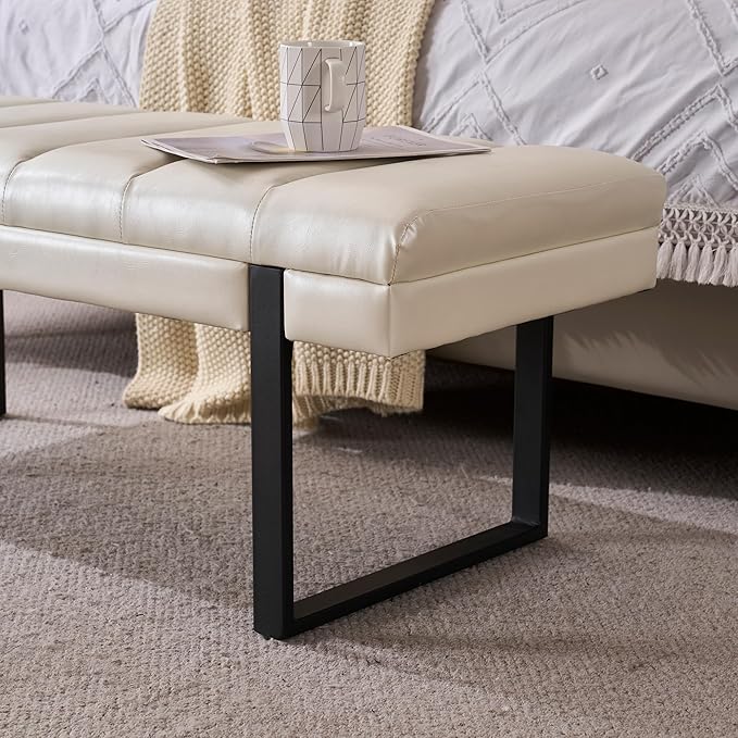 AIITTCC Faux Leather Ottoman Bench, Tufted Padded End of Bed Bench with Metal Legs, Upholstered Shoe Bench for Bedroom Living Room Entryway Window (Beige White, 46" Wide)