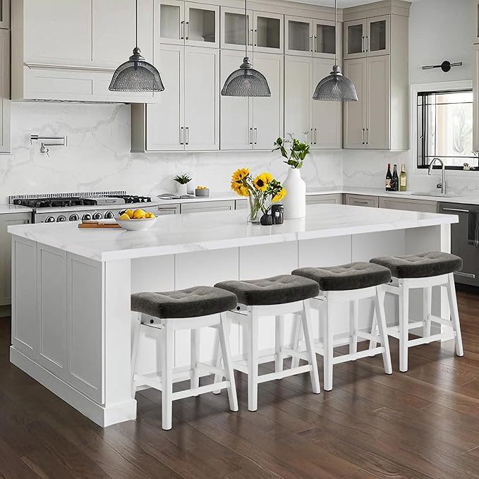RNKSFX Counter Height Bar Stool for Kitchen Counter Modern Backless Barstool with Upholstered Faux Leather Seat and Solid Wood Leg Farmhouse 24 inch Bar Chair, Grey + White, 1pc