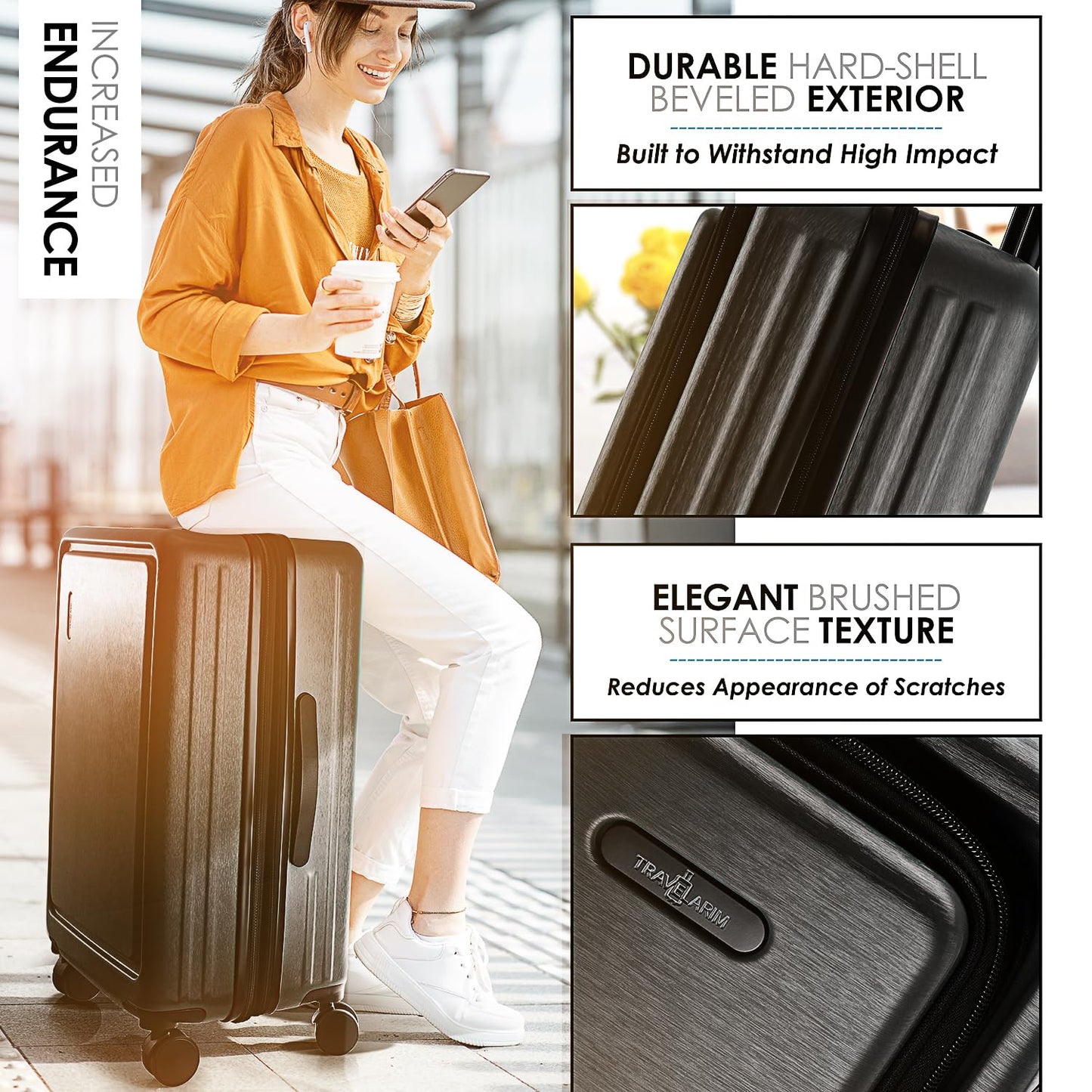 TRAVELARIM Hard Shell Luggage Sets with Spinner Wheels 4 Piece, Expandable Large Suitcases with TSA Lock, Travel Large Suitcase Set, Black Luggage Set