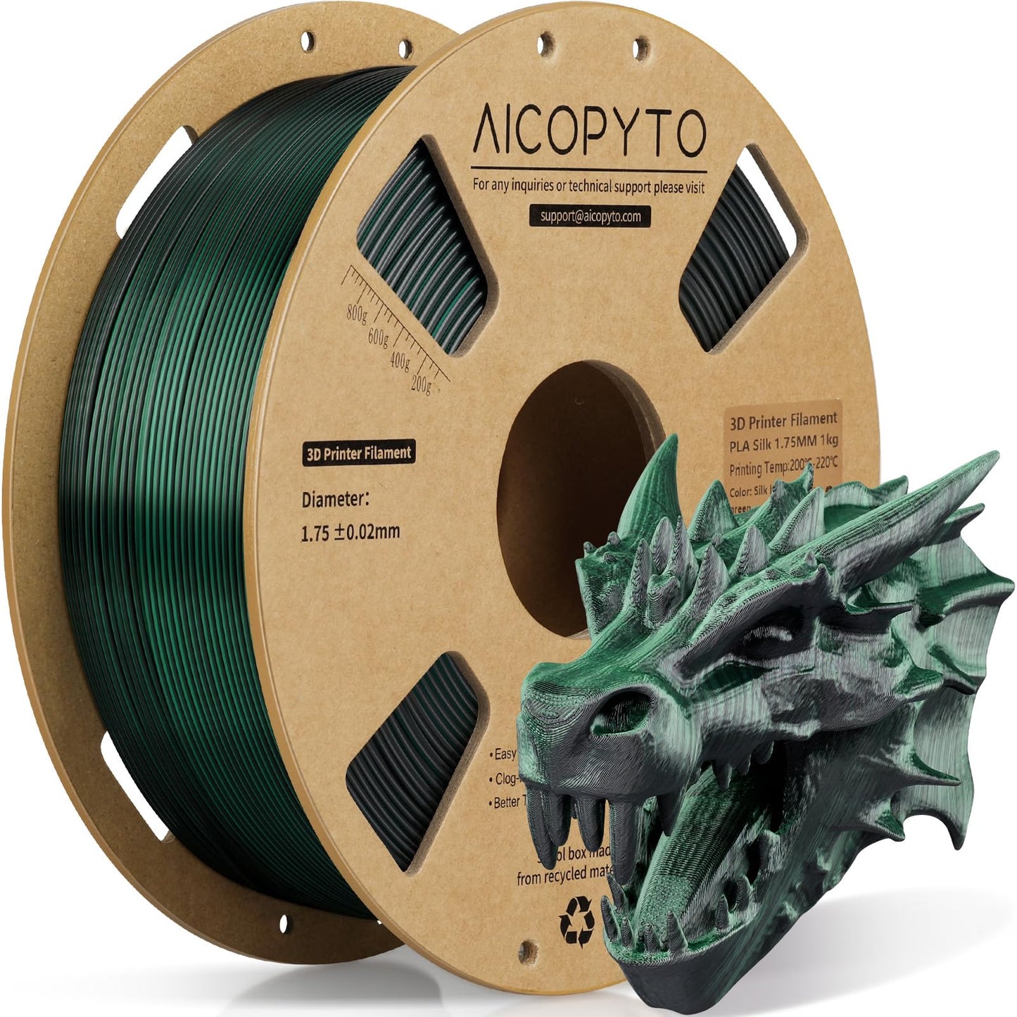 AICOPYTO Dual Color Silk PLA 3D Printer Filament 1.75mm,Dual Color 2-in-1 Green-Black Silk Filament 1KG Spool (2.2lbs) Dimension