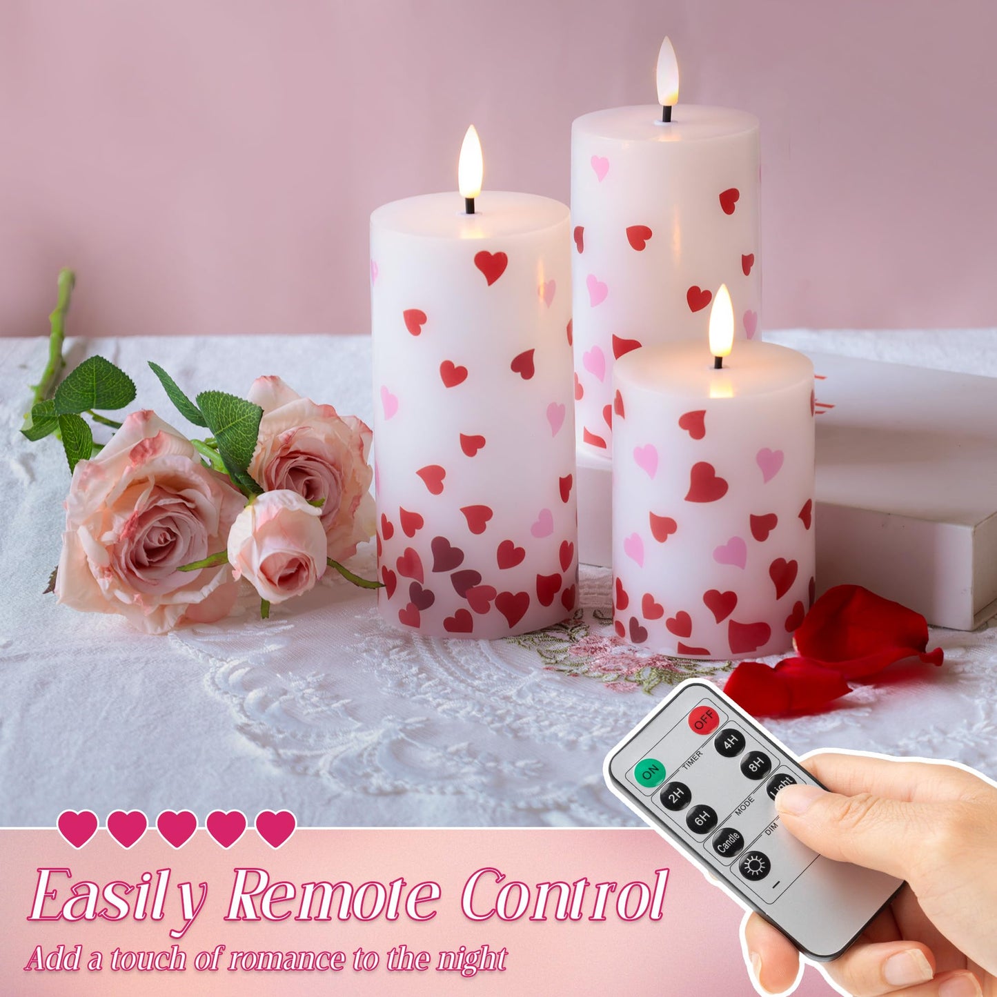 JOIONE Valentines Day Flameless Pillar Candles with Remote Set of 3, Battery Operated Real Wax LED Heart Stickers Candle, Perfect for Romantic Date Night, Wedding and Home Décor, Heart Stickers