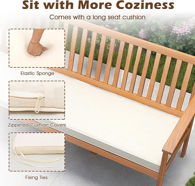Tangkula Outdoor 3-Seat Acacia Wood Bench, 64 Inches Extra Long Chair with Cushion, Slatted Seat & Backrest, 3-Person Patio Wood Bench for Backyard, Porch, Balcony & Garden