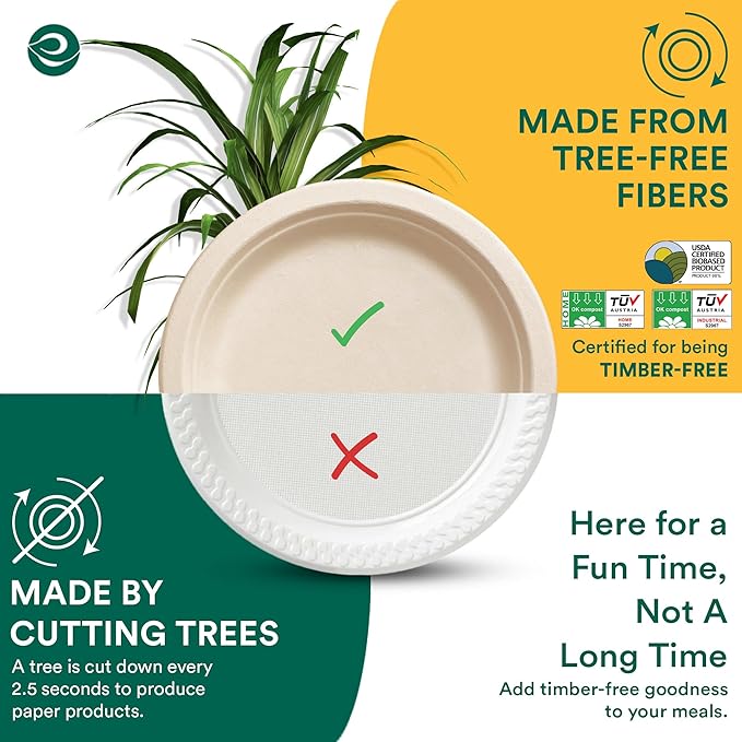 ECO SOUL 100% Compostable Paper Plates 10 Inch [500-Pack] Biodegradable Heavy Duty Eco-Friendly Disposable Plates for Christmas Dinner, Parties, Wedding & Event
