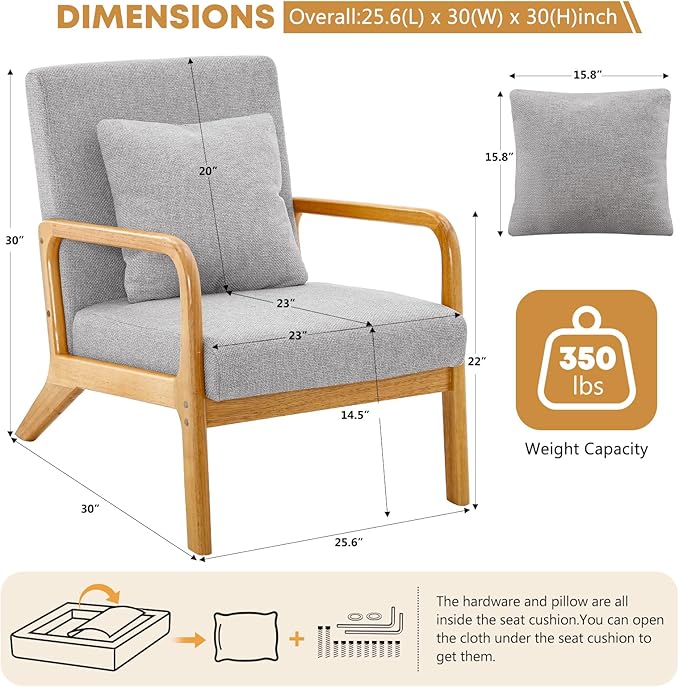 ELUCHANG Mid-Century Modern Accent Chair with Lumbar Pillow, Upholstered Armchair, Linen Fabric Comfy Reading Chair, Lounge Side Chair for Living Room Bedroom Apartment, Easy Assembly
