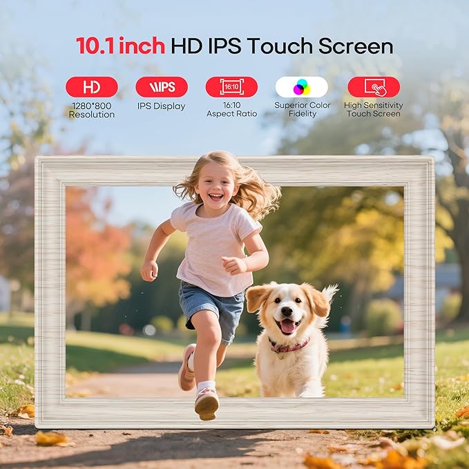 Frameo 10.1" WiFi Digital Picture Frame with 32GB Memory, 1280 x 800 IPS HD Touch Screen Electronic Photo Frame, Auto-Rotate, Slideshow, Share Photos/Video Remotely Anywhere White Wood Grain