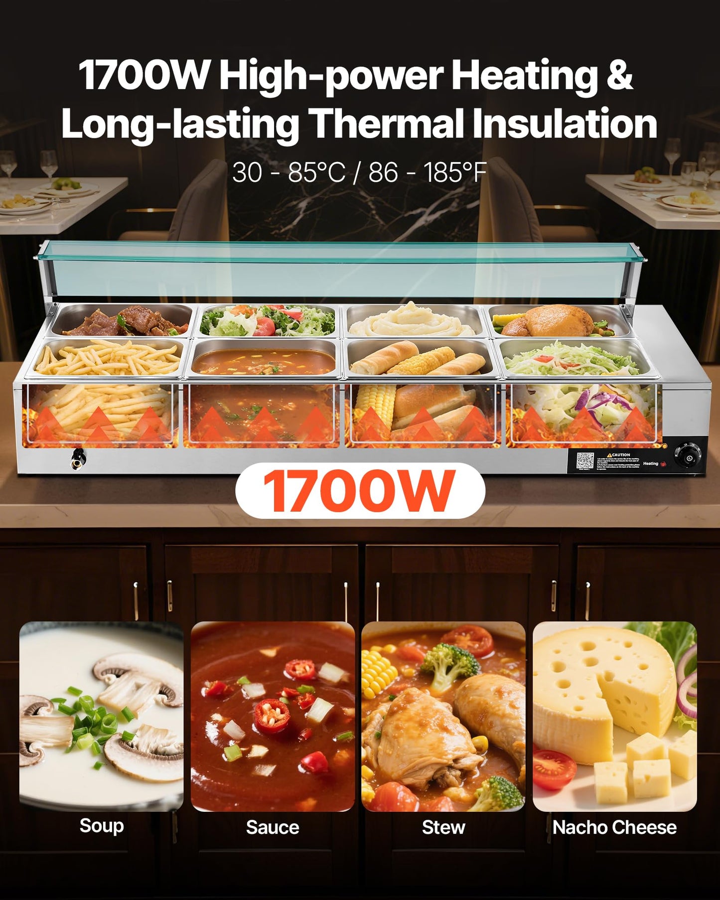 VEVOR Commercial Food Warmer, 1700W Electric Stainless Steel Steam Food Warmer with Glass Cover, 8-Pan Countertop Buffet Bain Marie with Soup & Perforated Ladles, for Catering, Restaurant & Party