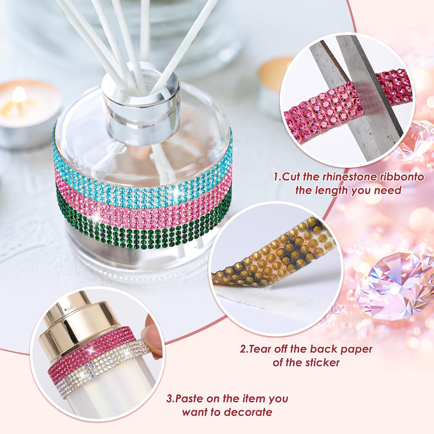 Rhinestone Ribbon Self Adhesive, 10-Rolls Bedazzling Strips, 10-Yard Rhinestone Strips for DIY Craft, Rhinestones for Crafting, 10 Colors
