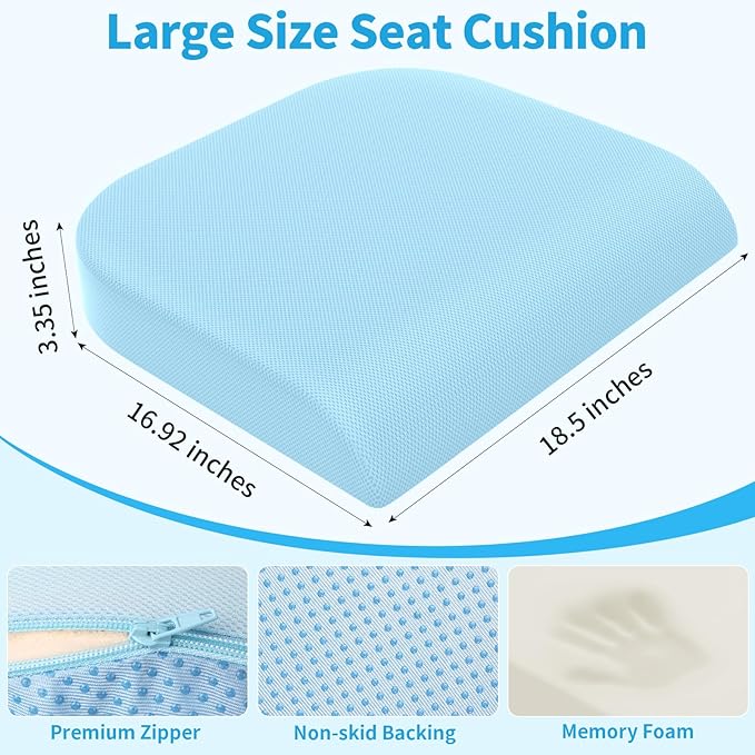 TranquilRelax Large Seat Cushion, Memory Foam Cushion for Long Sitting Hours on Office Chair, Home & Car, Non-Slip Chair Pad for Relieving Back & Sciatica & Hip & Coccyx Pain (Light Blue)