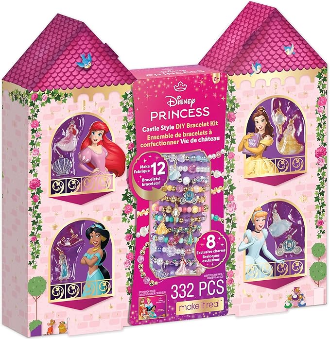 Make It Real: Disney Princess: Castle Style DIY Bracelet Kit - 332 pcs Jewelry Set, Create 12 Bracelets, 8 Exclusive Charm...