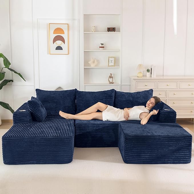 MAXYOYO 104" U-Shaped Modular Sectional Couch, Modern Boneless Couch for Living Room, Sofa in A Box, Oversized Sofa Sleeper with Deep Seat, No Assembly Required, Navy