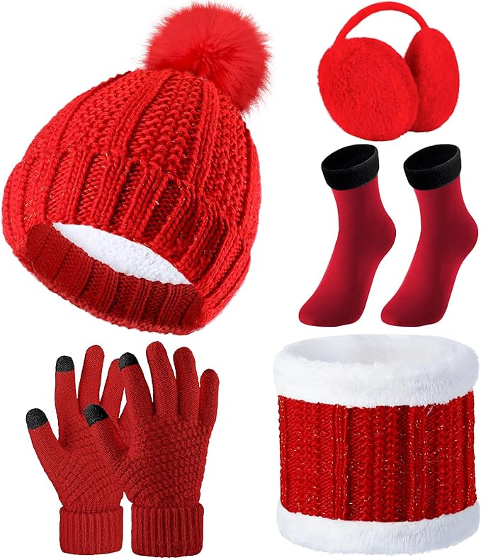 SATINIOR 5 Pcs Winter Hat Scarf Gloves Set Fleece Warm Lined Knit Beanie Hat Touch Screen Earmuff Gloves Warmer for Women(Red,Classic Style)