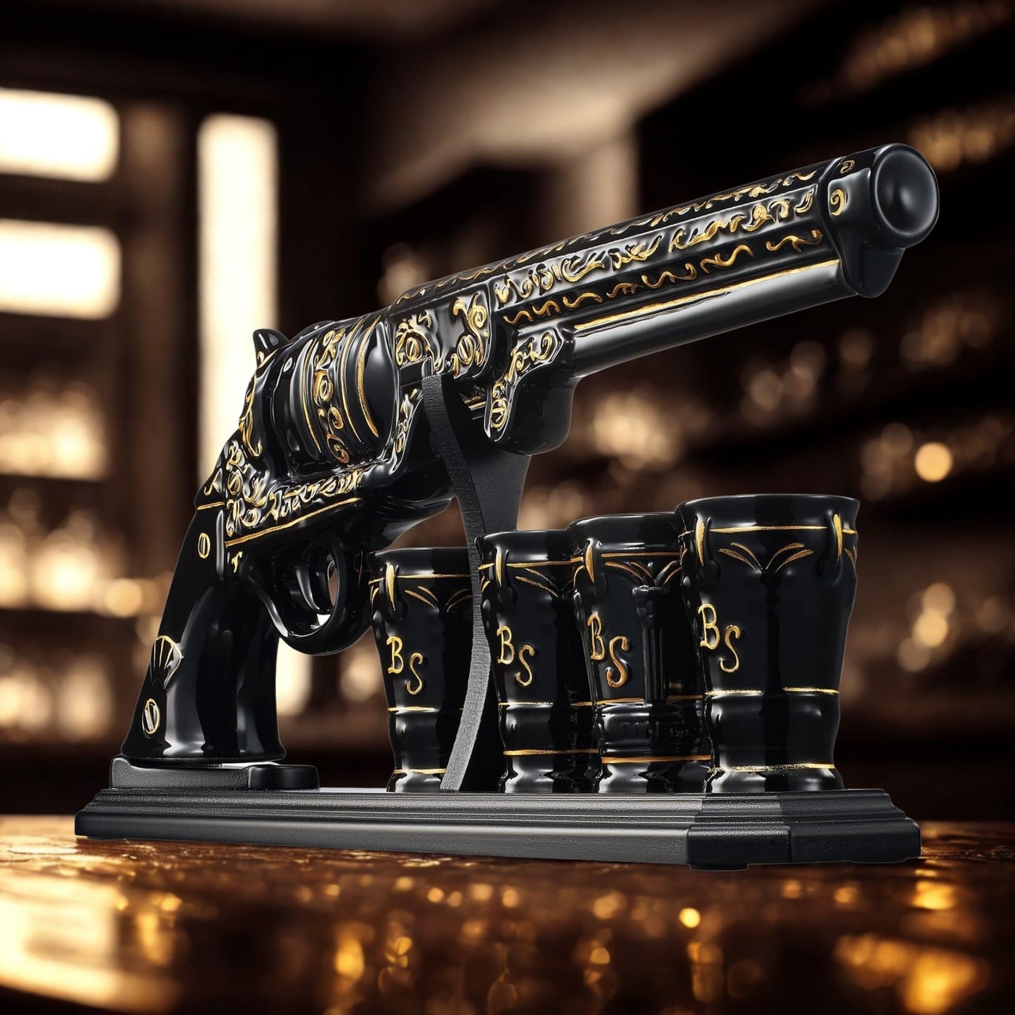 Gifts for Men Dad Hand Painted Pistol Gun Whiskey Decanter Set & Shot Glass - Black & Gold & 4 Bullet Shots - Unique Birthday Fathers Day - Gift for Brother, Cool Anniversary Present Him Husband