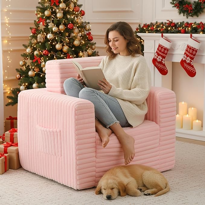 Welnow Folding Sofa Bed with Ottoman, Convertible 2-in-1 Boneless Couch Futon Lounge Chair Bed for Adults, Comfy Fold Out Sleeper Sofa for Small Spaces, Living Room, Bedroom, or Dorm, Pink