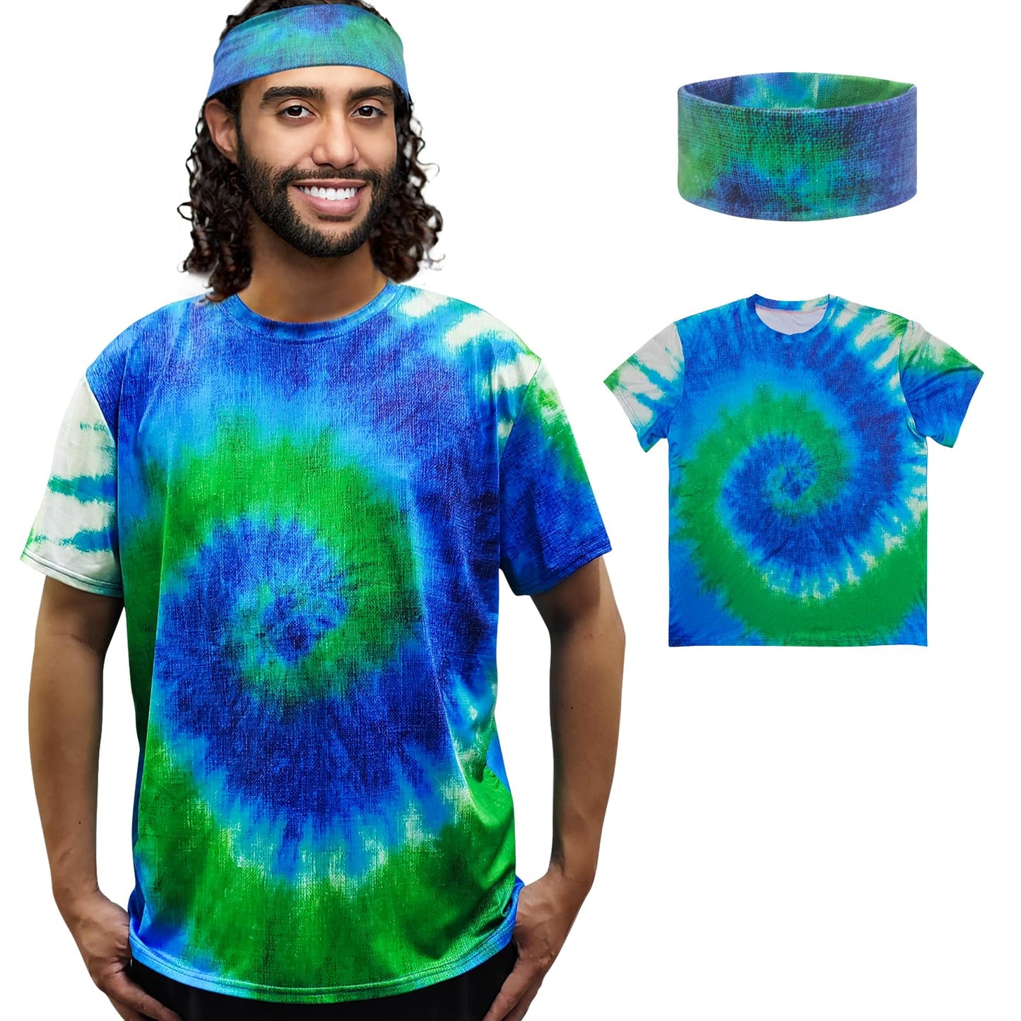 ATAMET Hippie Costume for Men Women 60s and 70s colorful T-shirt (Blue, X-Large)