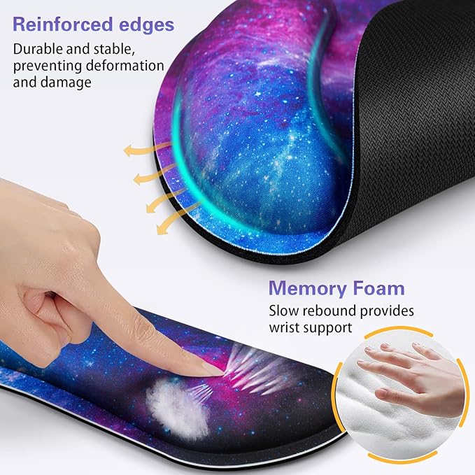 Desk Pad Galaxy, Mouse Pad with Wrist Rest Set, 3-in-1 Wrist Support Mousepad Set, Gaming Mat Pad with Anti-Skid Base,Ergonomic Memory Foam Keyboard Gel Wrist Rest, Office Desk Accessories