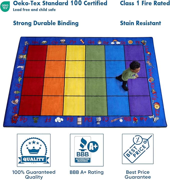 KIDCARPET.COM Seating Rainbow with Alphabet 24 7'6" x 12' Rectangle, Educational Classroom Rug, Kids Learning Play Mat | Area Rug for Bedroom or Playroom