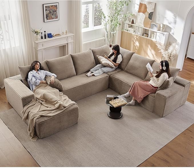 Cloud Sectional Couch with L-Shape Chaise, Upholstered Corduroy Couches Stupendous U Shaped Sofas, Modern Modular Comfy Sofa with Deep Seat for Living Room Bedroom, No Assembly Required, Camel