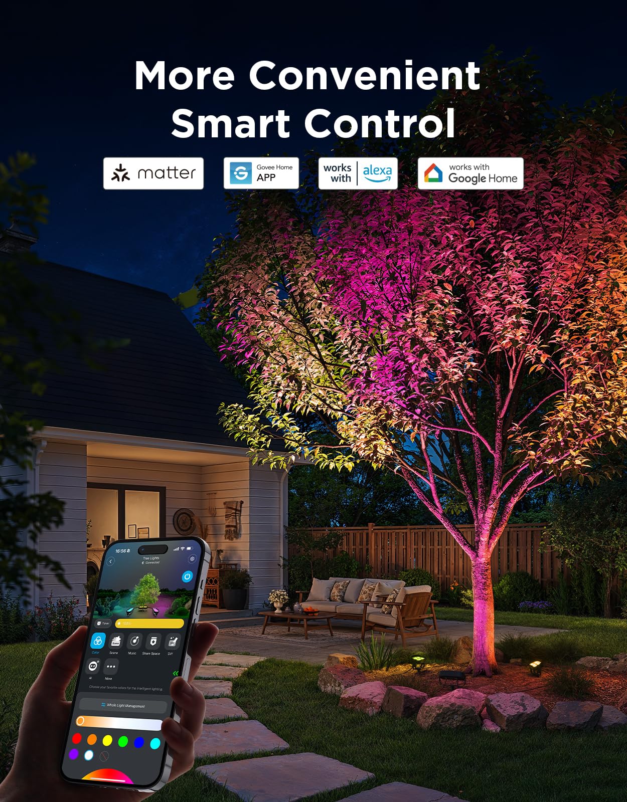 Govee Outdoor Tree Lights 3-Pack, RGBWIC LED Landscape Lighting, IP67 Waterproof, Outdoor Lights for Yard Patio Garden, 66 Scene Modes with App Control, Works with Alexa, Google Assistant, Matter