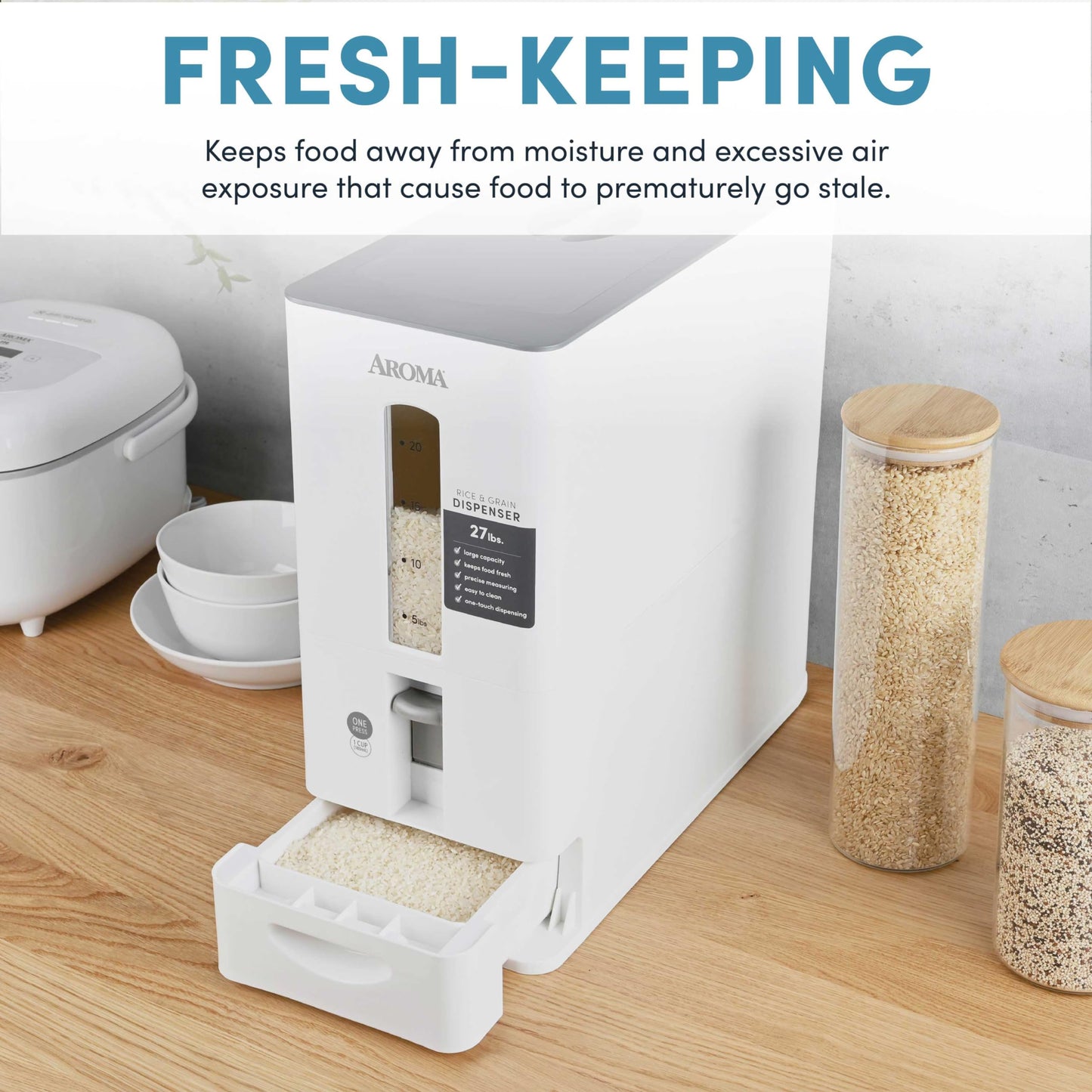 Aroma Housewares 27lbs Large Rice Dispenser, 7.25 x 16.5 x 16.5 inches, White