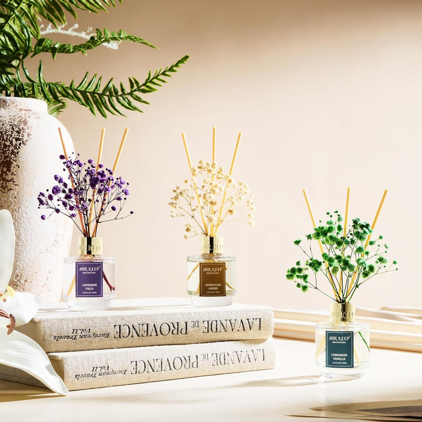 Airkeep Reed Diffuser Set of 3, Cinnamon Vanilla Lavender Field Moroccan Amber Oil Reed Diffusers for Bedroom Living Room Office Aromatherapy Oil Reed Diffuser for Gift 50ml x 3