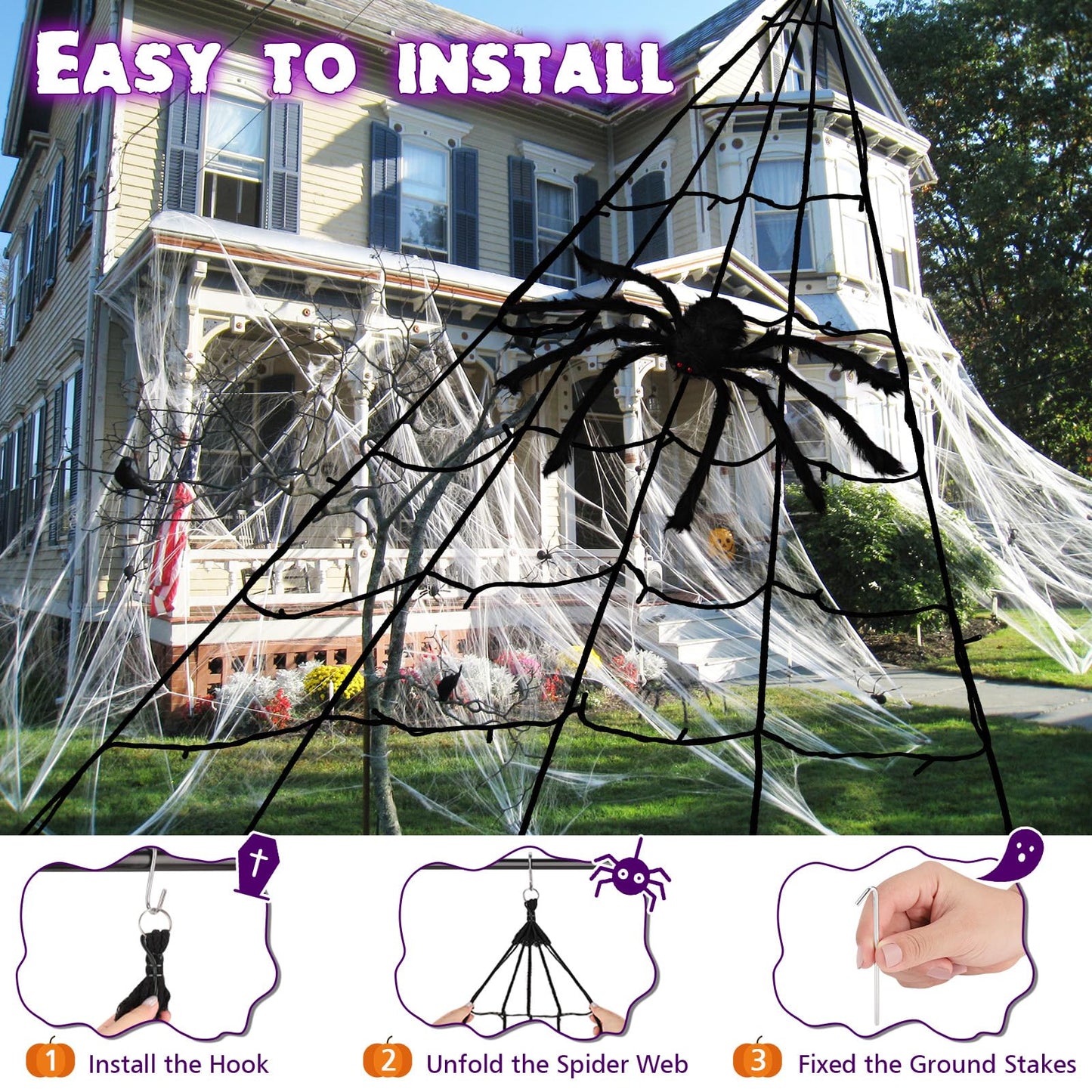 PUHONG Halloween Decorations 19.6Ft Spider Web Lights with 250 LEDs 8 Modes Waterproof Outdoor Plug-in Triangular Spider Web with Purple Lights for Yard Home Parties Haunted House Decor