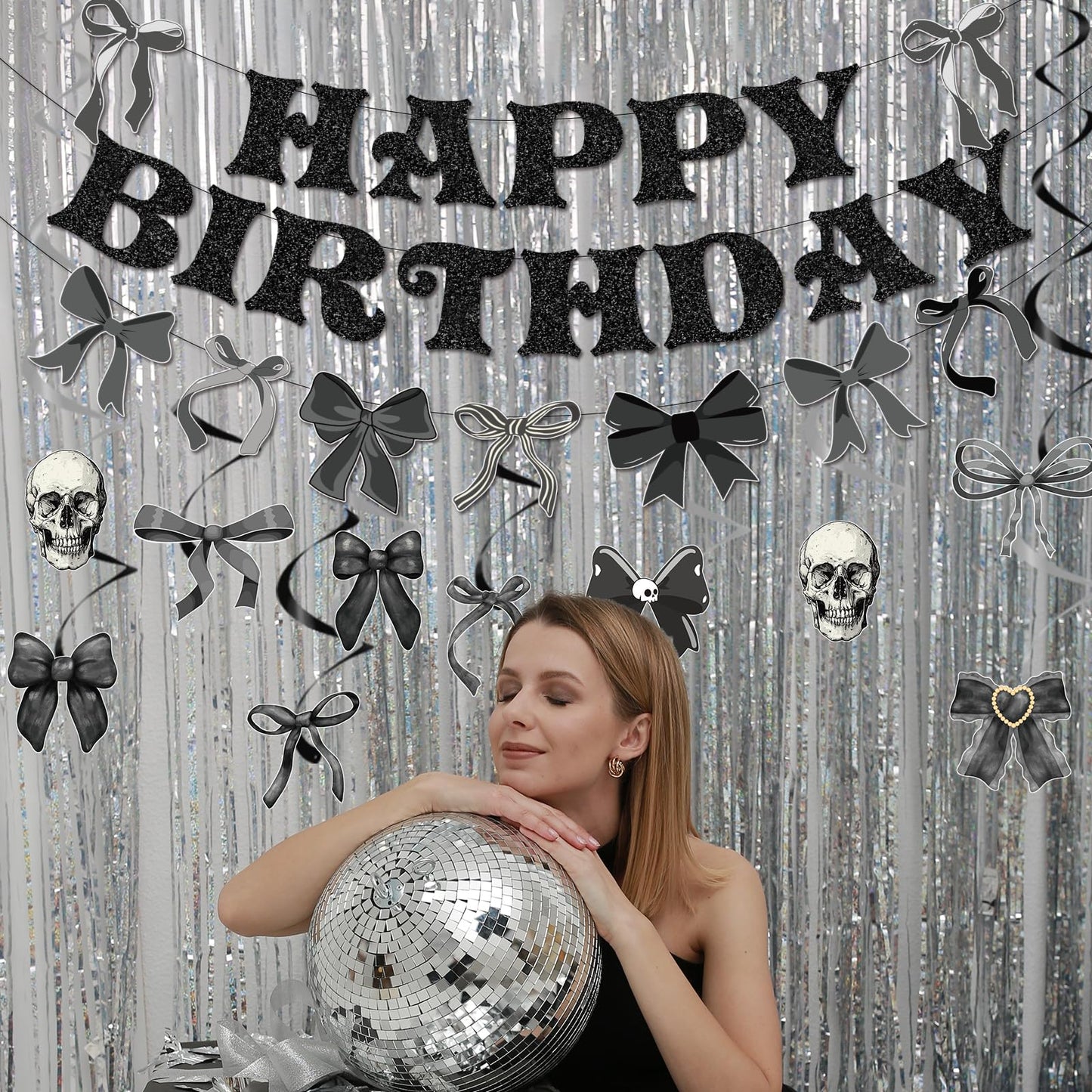 Lovarywow Black Bow Party Decorations - 13PCS Gothic Birthday Decorations Skull Skeleton Goth Party Supplies for Girls Women Black Bow Coquete Happy Birthday Banners Hanging Swirls