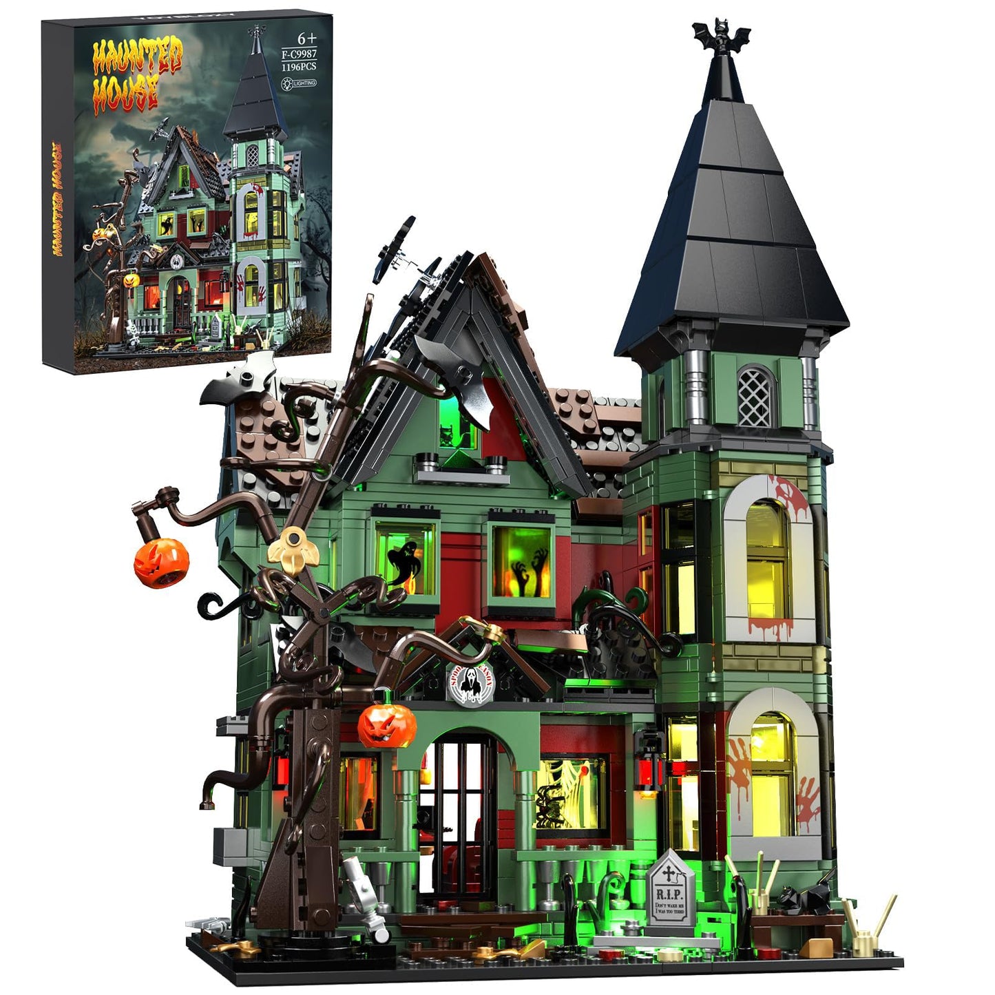 iATOM Haunted House Building Set with Lights, Halloween Mansion Building Toy Compatible with Lego for Adults, Horror Village Town Architecture Include Pumpkin Skeleton Spooky Bat Cat, F-C9987