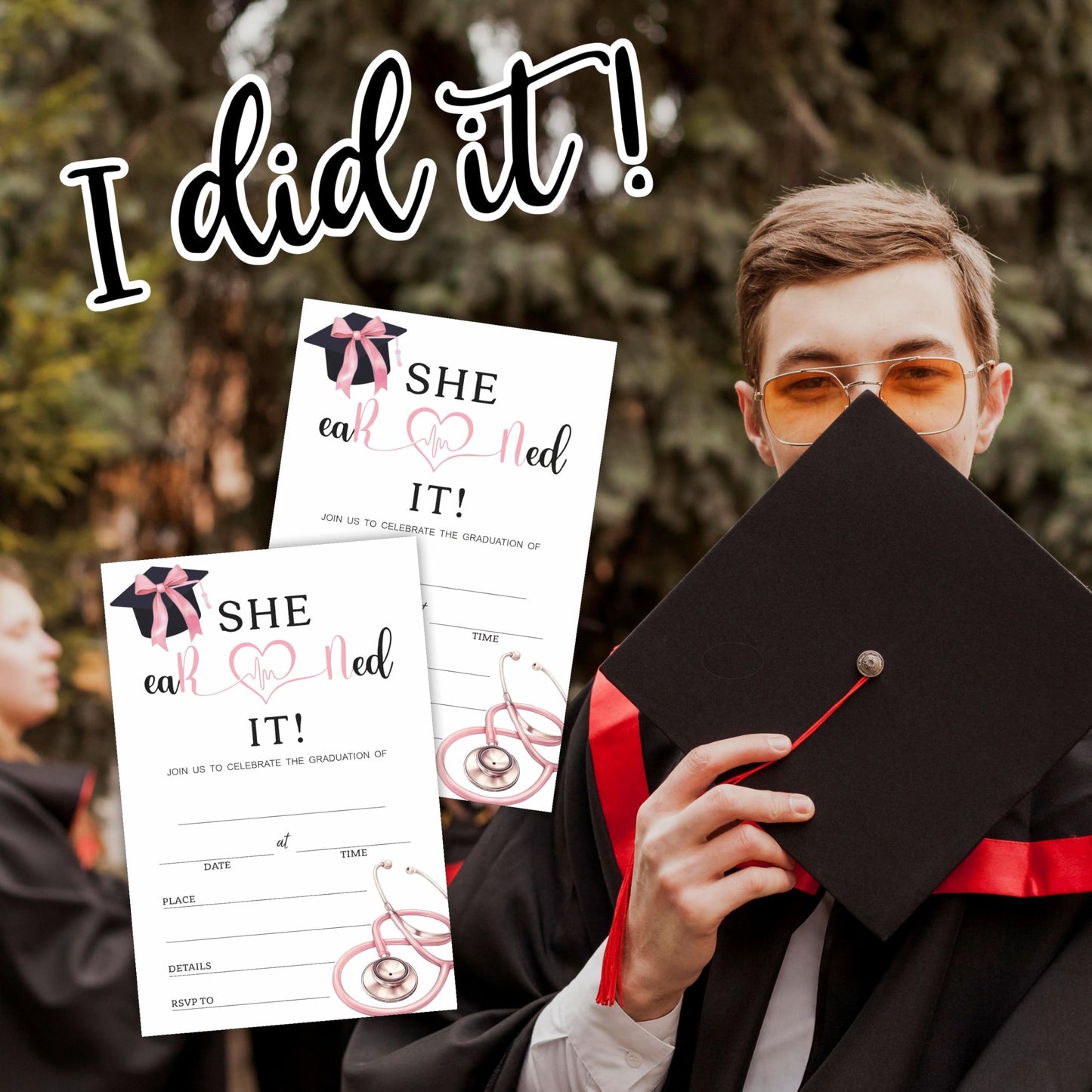 Nursing School Graduation Party Invitations - She Earned It - 20 Invites With Envelopes, Double-sided Fill In Invite Cards For College, High School, University Grad- Party Decorations & Supplies - A02