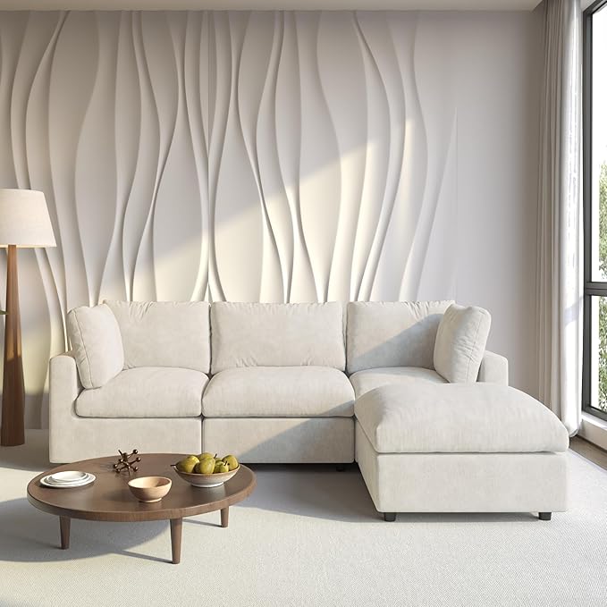 Cloud Sectional Couches for Living Room,100.5" Convertible L Shaped Couch with Ottoman, 4 Seater Modular Sectional Sofa,Deep Seater Furniture Sets,Beige