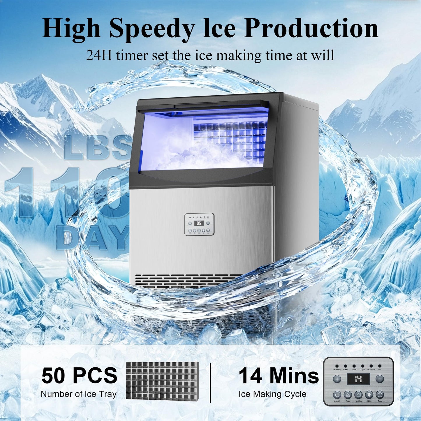 Mountman Commercial Ice Maker,110 lbs/24H,Stainless Steel Ice Machine with 33 lbs Storage Capacity,50 Cubes in 14 Mins,Water Filter,Under Counter/Freestanding Ice Makers for Home,Restaurant,Bar,Cafe