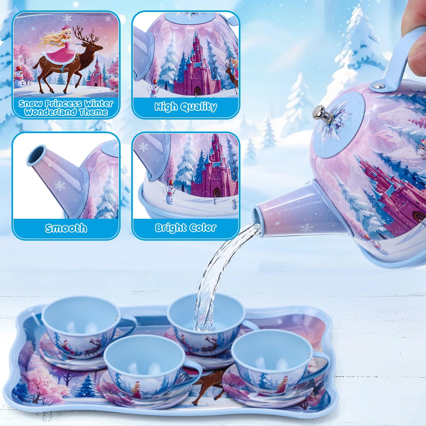 Tea Party Sets for Toddlers 3-5,PRE-WORLD Princess Tea Time Toy with Tray, Teapot, Tea Cups, Cream Pitcher, Sugar Bowl, Coasters, Plates，Kids Kitchen Pretend Play for Girls Boys Age 3 4 5 6