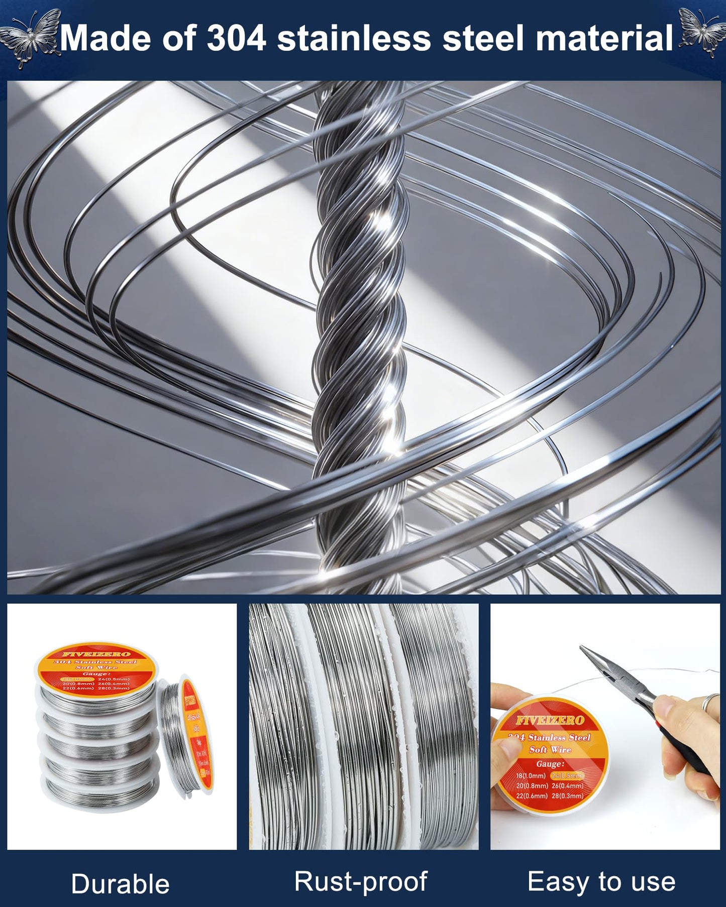 FIVEIZERO Stainless Steel Wire for Jewelry Making,Include 18/20/22/24/26/28 Gauge 304 Stainless Steel Beading Wire Thin Metal Craft Wire for Necklace,Bead Stringing,DIY Jewelry,Floral and Home Crafts