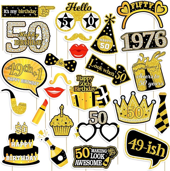 50th Birthday Photo Booth Props for Women & Men, Black Gold Adult 50th Birthday Photo Booth Props, Cheers to Fifty Birthda...
