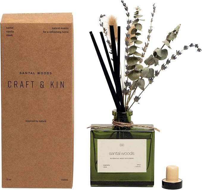 Craft & Kin Christmas Reed Diffuser with Dried Flowers | 5 oz Santal Woods Holiday Scented Reed Diffusers for Home, Bathroom | Scent Sticks | Elegant Fragrance Home Decor for Men & Women