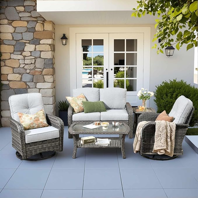 CAODOC 5 Pieces Patio Furniture Set,Outdoor Furniture with Rockers, Rattan Conversation Sets w/Coffee Table, Grey Wicker Light Grey Cushion