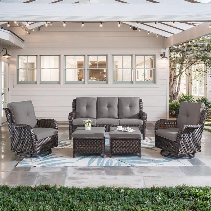 Belord 5 Piece Outdoor Patio Furniture Set - Wicker Furniture Patio Conversation Set, Outdoor Swivel Rocker Chairs with 3-Seater Sofa and 2 Ottomans for Small Space, Gray Cushion