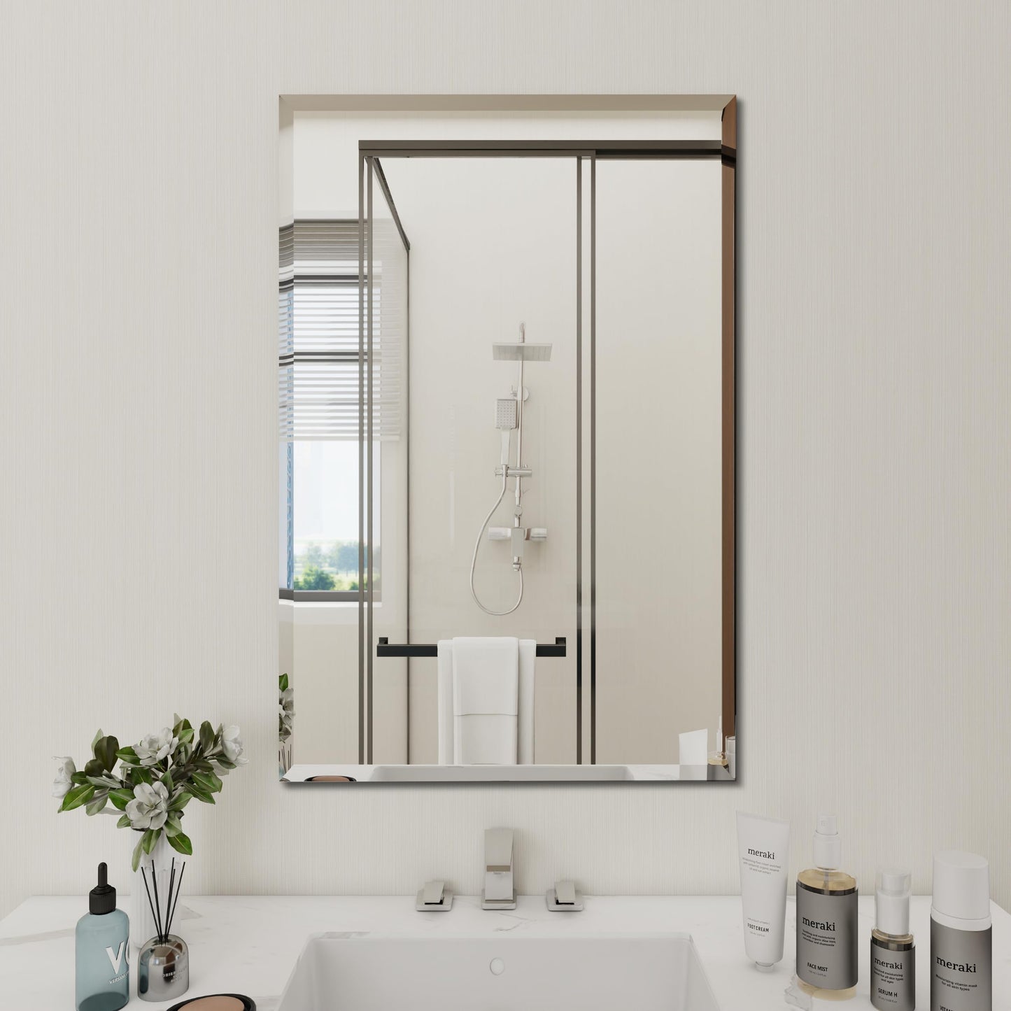 Rectangular Beveled Bathroom Mirrors, 36X48 inch Square Frameless Mirror, Rectangular Frameless Bathroom Mirror，Beveled Bathroom Mirror。