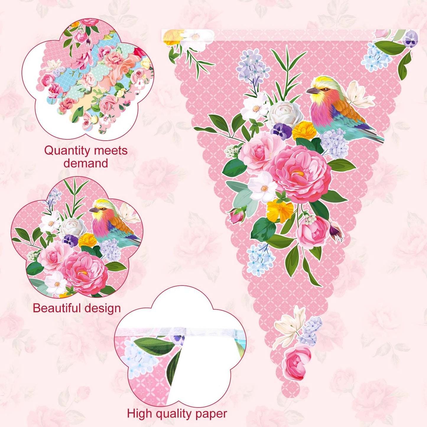 Faccito 49 ft 60 Pcs Tea Floral Party Paper Bunting Decor Outdoor Bunting Banner Floral Pennant Banner Tea Party Birthday Supplies for Wonderland Garden Baby Shower Bridal Wedding Bedroom