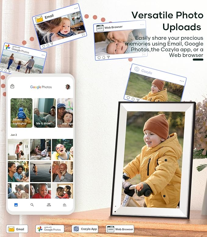 Cozyla Digital Photo Frame WiFi Smart Digital Picture Frame Battery Powered Unlimited Storage Send Photo w/Family via App Email Google Photos Instagram Web Browser Photo Frame Electronic 10.1 Inch Mat
