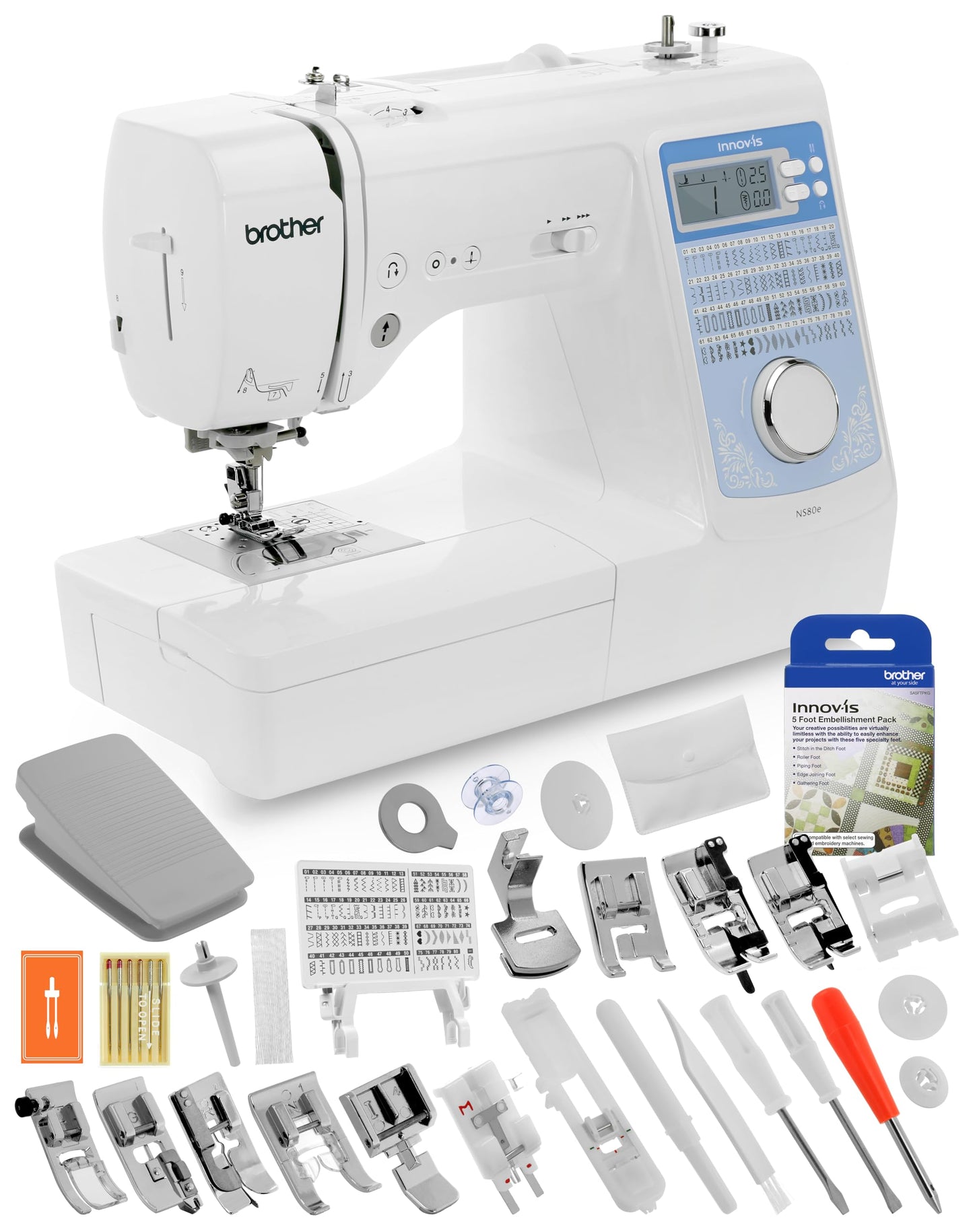 Brother Innov-is NS80E Computerized Sewing Machine w/Starter Package - Includes Brother 5 Sewing Foot Embellishment Pack + Mr. Vac & Mrs. Sew - Ready, Set, Sew Video