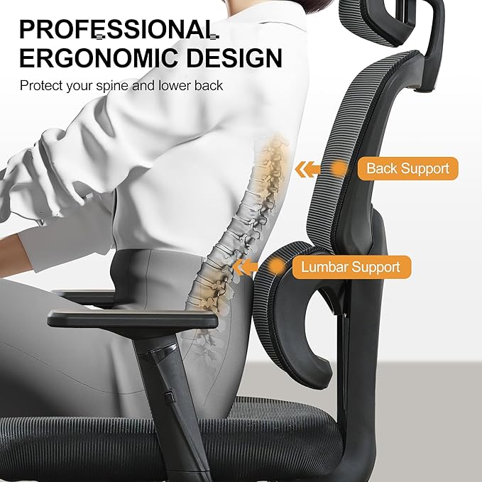 BOWTHY Ergonomic Office Chair,Home Mesh Office Desk Chairs,High Back Office Chair 330 LBS,Swivel Computer Task Chair with 2D Armrest,Lumbar Support,Adjustable Headrest,Rocking Function (Black)