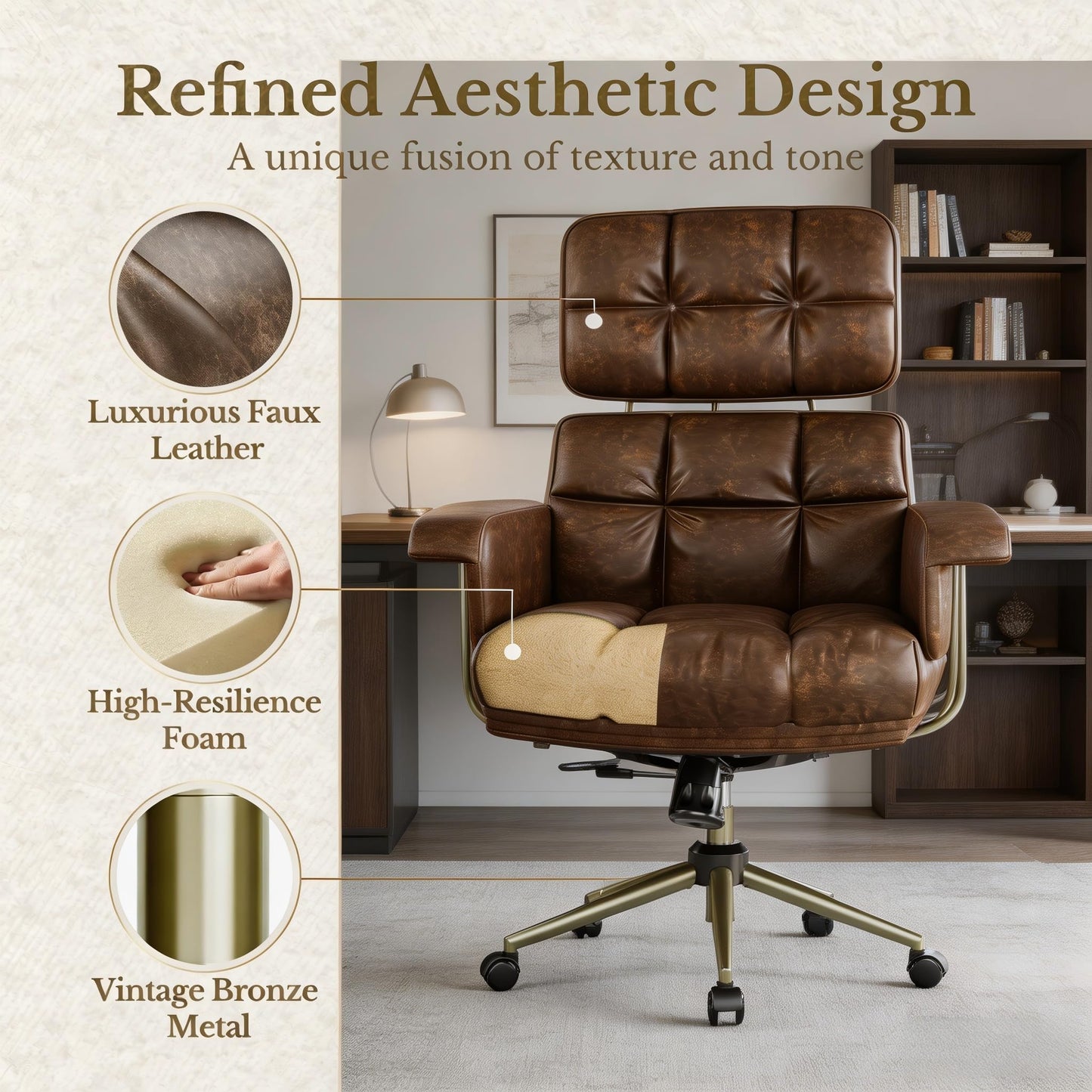 Marsail Executive Office Chair, PU Leather Ergonomic Desk Chair with Thick Cushion & Lumbar Support, Mid-Century Modern Swivel Computer Chair for Home Office, Brown