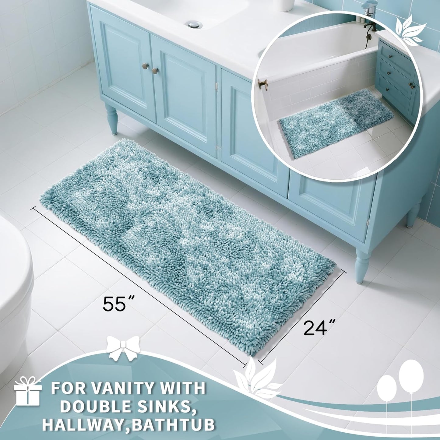 Yimobra Long Bathroom Rugs Runner 55x24 Inch, Extra Thick Soft Absorbent Chenille Bath Mat, Non Slip Machine Washable, Quick Dry Bath Rugs for Bathroom Floor, Tub and Shower, Greyish Blue
